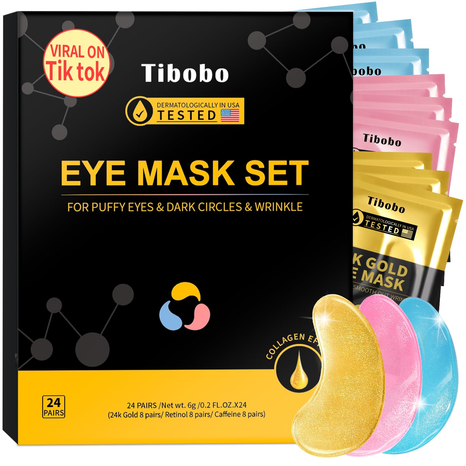 Box of 24 pairs of gold under-eye patches with caffeine and retinol, designed as a premium Valentines Day skincare gift.