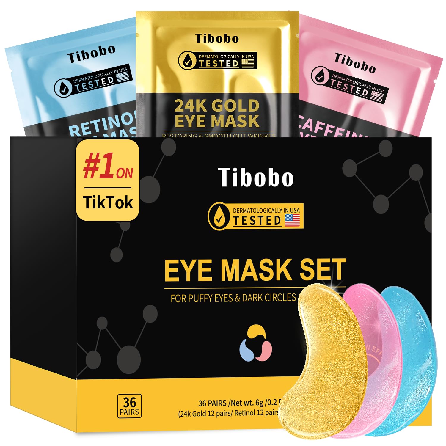 Box of 36 pairs of gold under-eye patches with caffeine and retinol, perfect as a skincare gift for women.