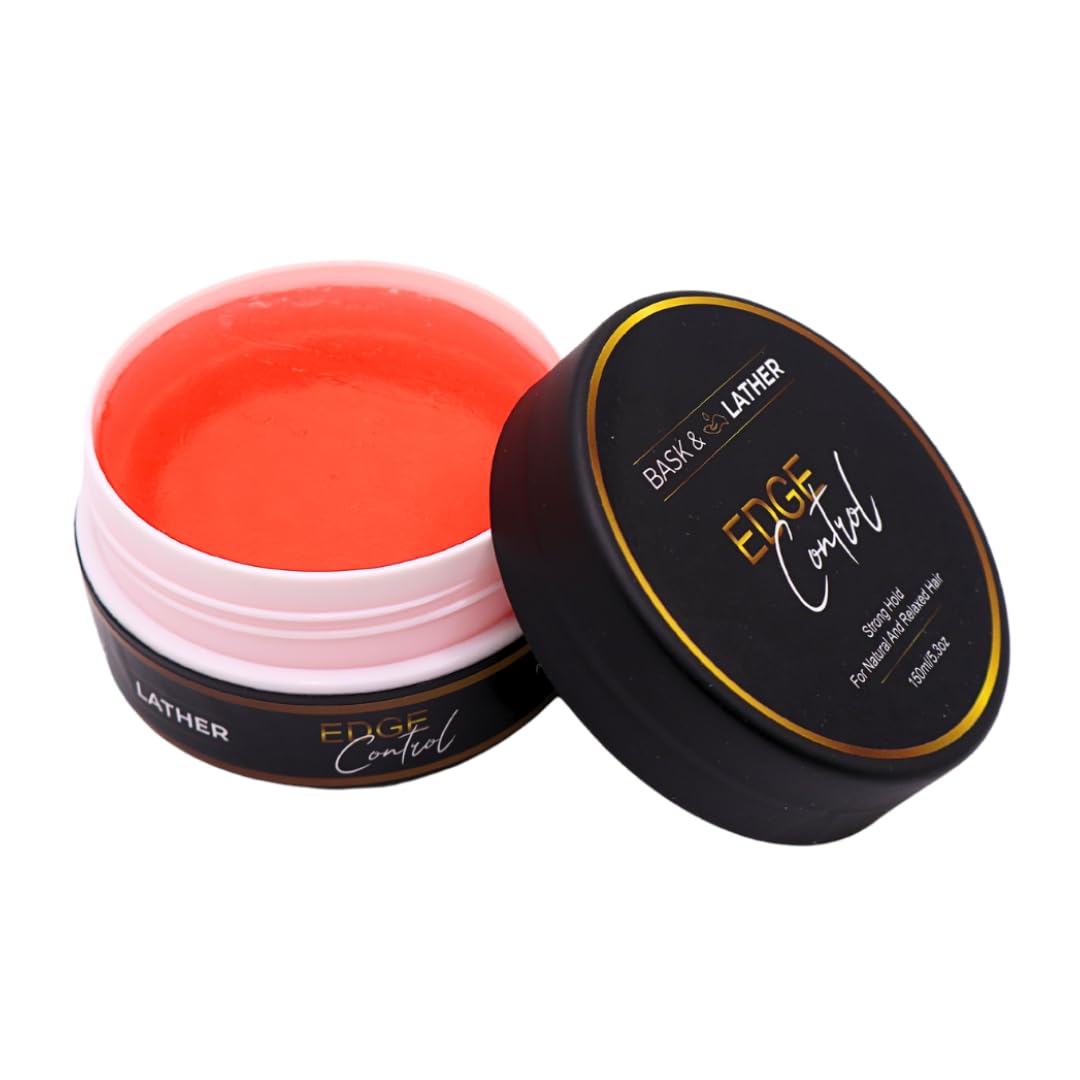 BASK & LATHER Strong Hold Edge Control Gel with Castor Oil, Non-Greasy, Non-Flaking, No White Cast, Long Lasting, Supports Hair Growth, Natural Formula, For All Hair Types, 5.3 Fl Oz