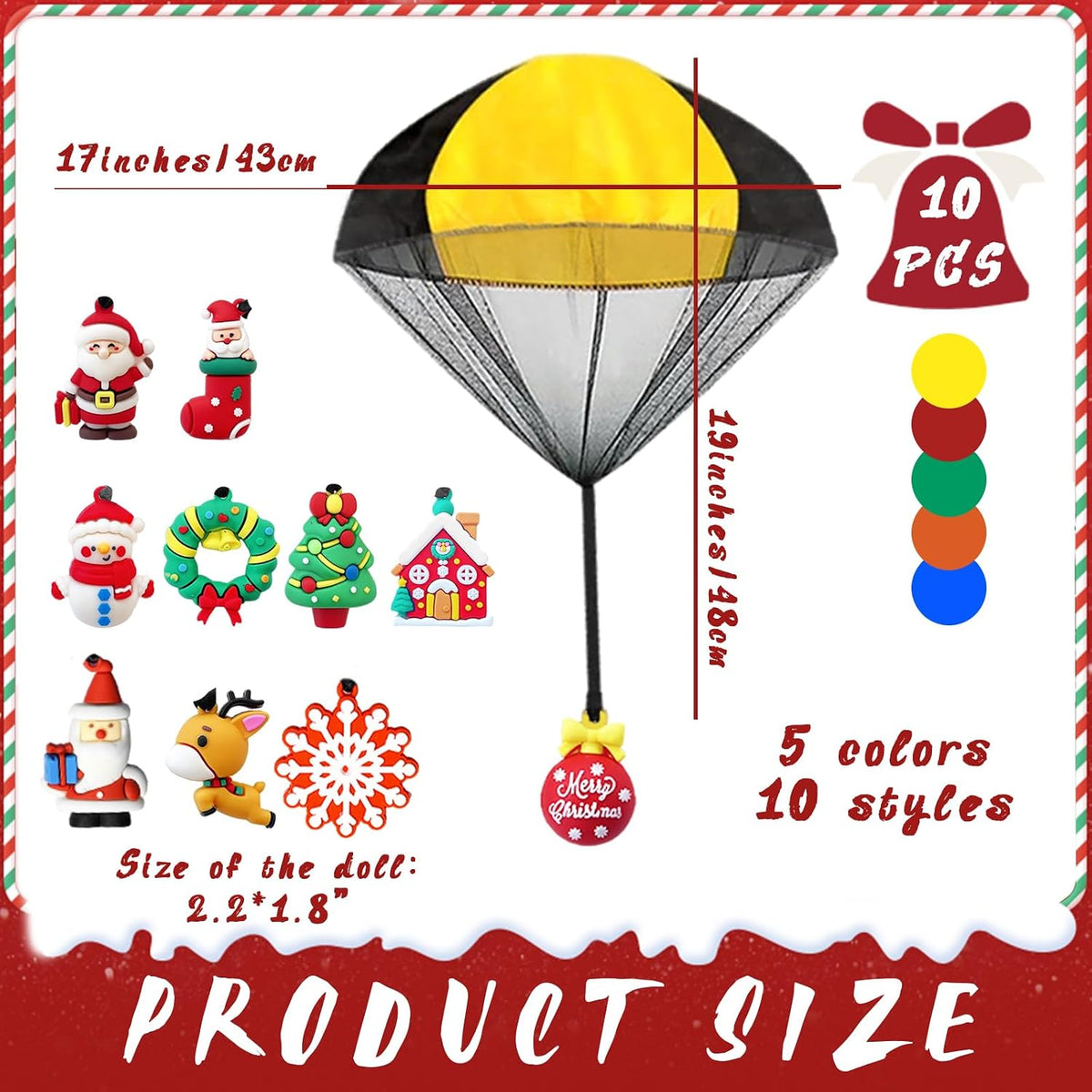 Juuxncgv 10Pcs Christmas Parachute Toy,Outdoor Hand Throw Flying Toys for Kids,Tangle Free Throwing Toy for Xmas Party Favors,Stocking Stuffers,Goody Bag Filler,Festival Gifts(10 Styles,5 Colors)