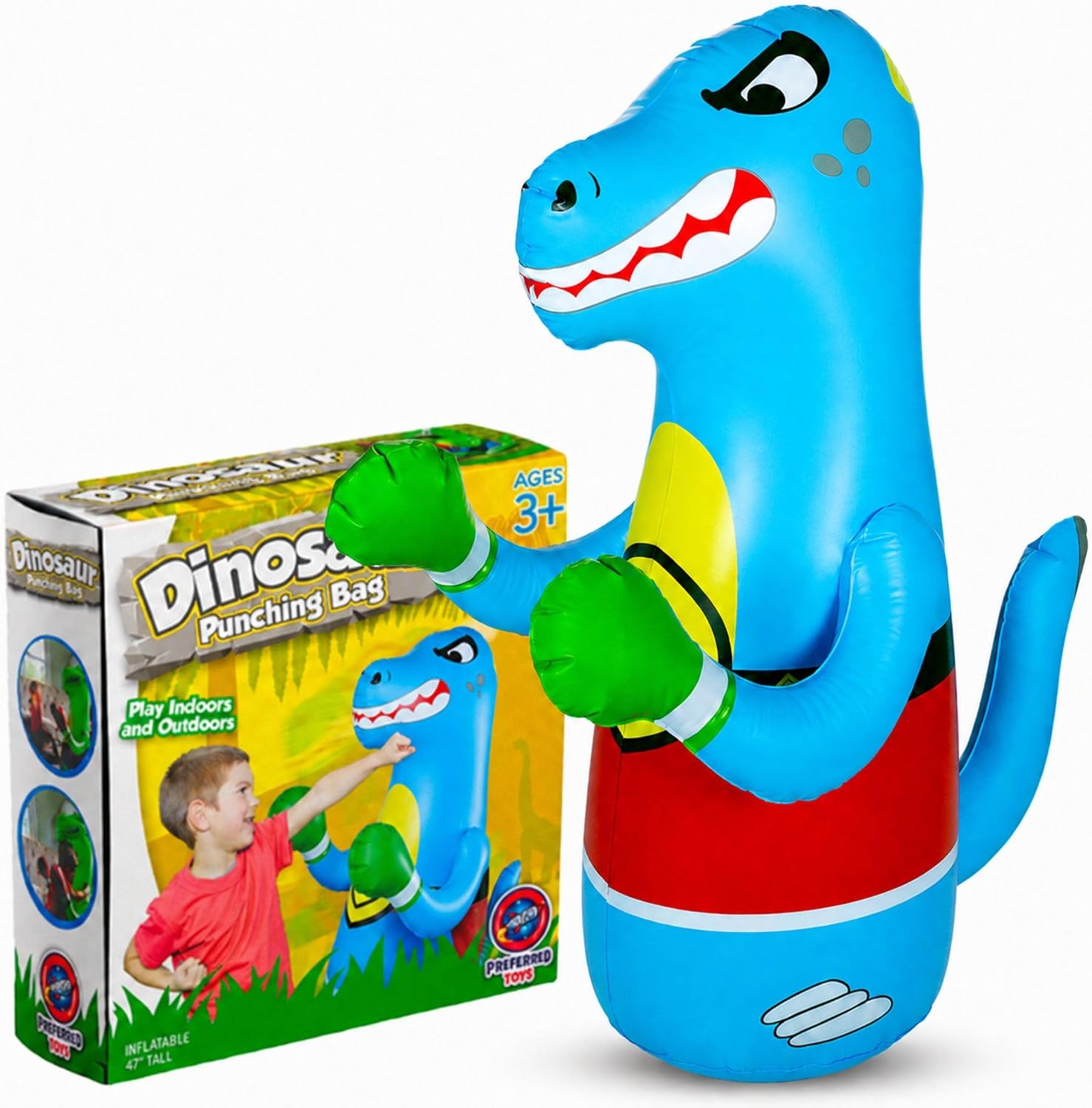 Preferred Toys 47" Inflatable Dinosaur Punching Bag for Kids - Durable Blow Up Kids Punching Bag with Bounce Back Base - Inflatable Indoor Outdoor Active Toddler Bop Play Toy