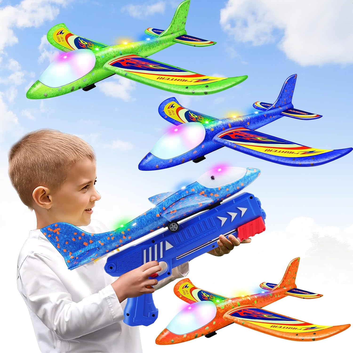 Wesfuner 3 Pack Foam Airplane Launcher Toys, 2 Flight Mode Glider Plane,Kids Flying Toy,3 4 5 6 7 8 9 10 11 12 Year Old Boys Girls Gifts,Outdoor Sport Party Favor
