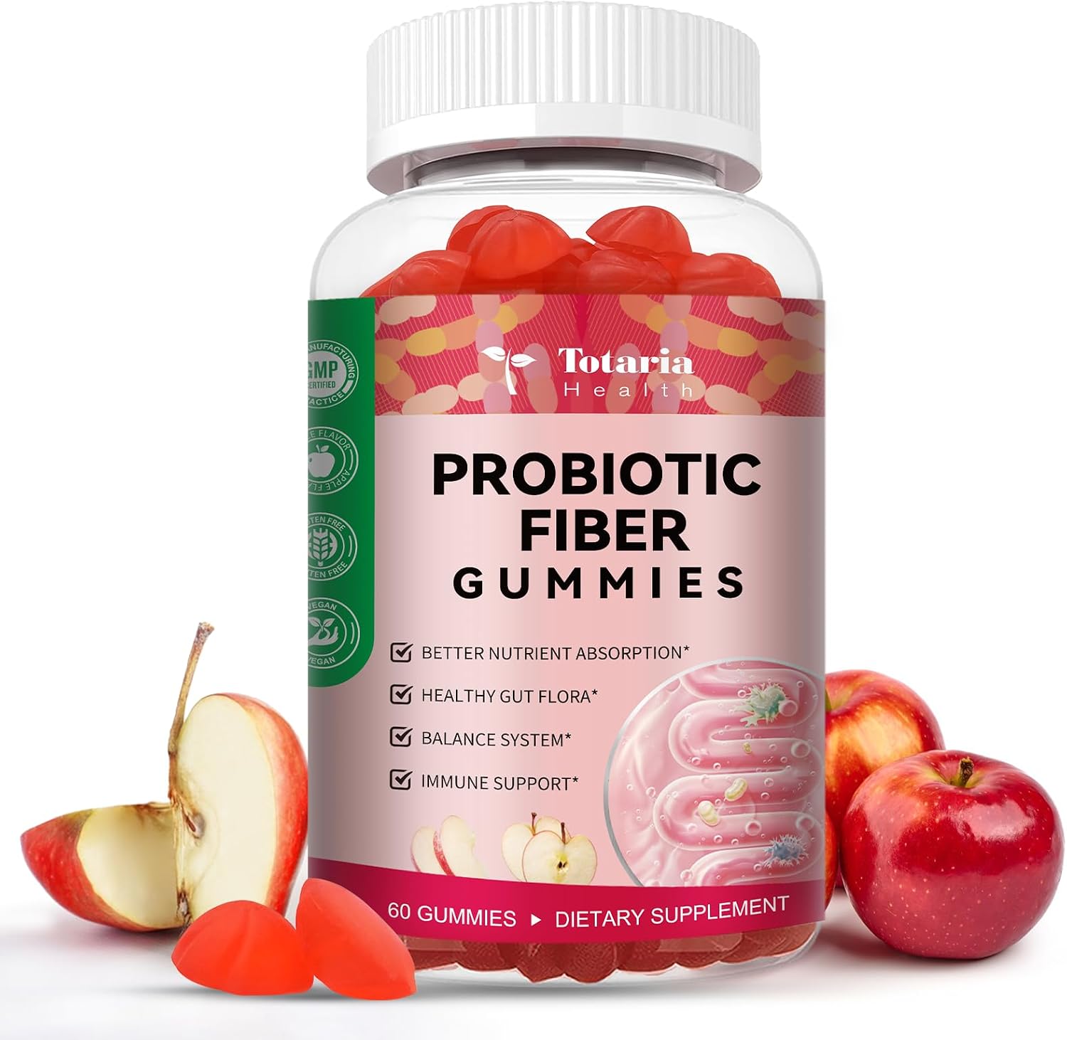 9-in-1 Sugar-free Probiotic Fiber Gummies for Adults Teens 16g Fiber, Apple