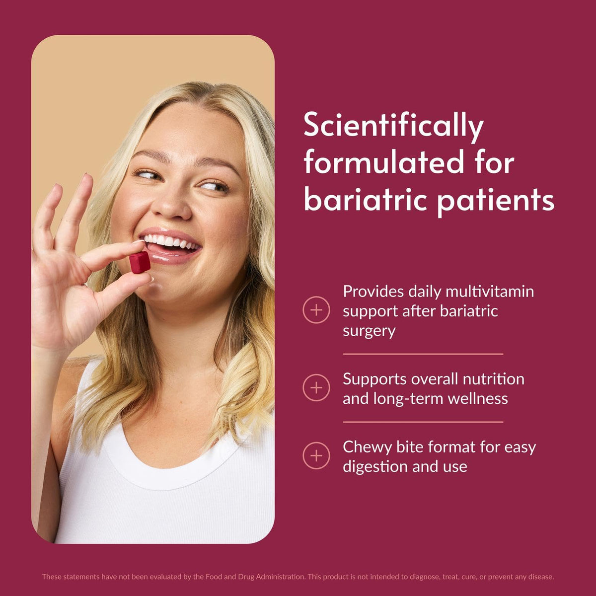Bariatric Advantage Multi Chewy Bite - Soft Chew Multivitamin for Bariatric Surgery Patients - Chewable Multivitamin with Folic Acid, Vitamin D3 & More - Dark Cherry Flavor - 60 Count