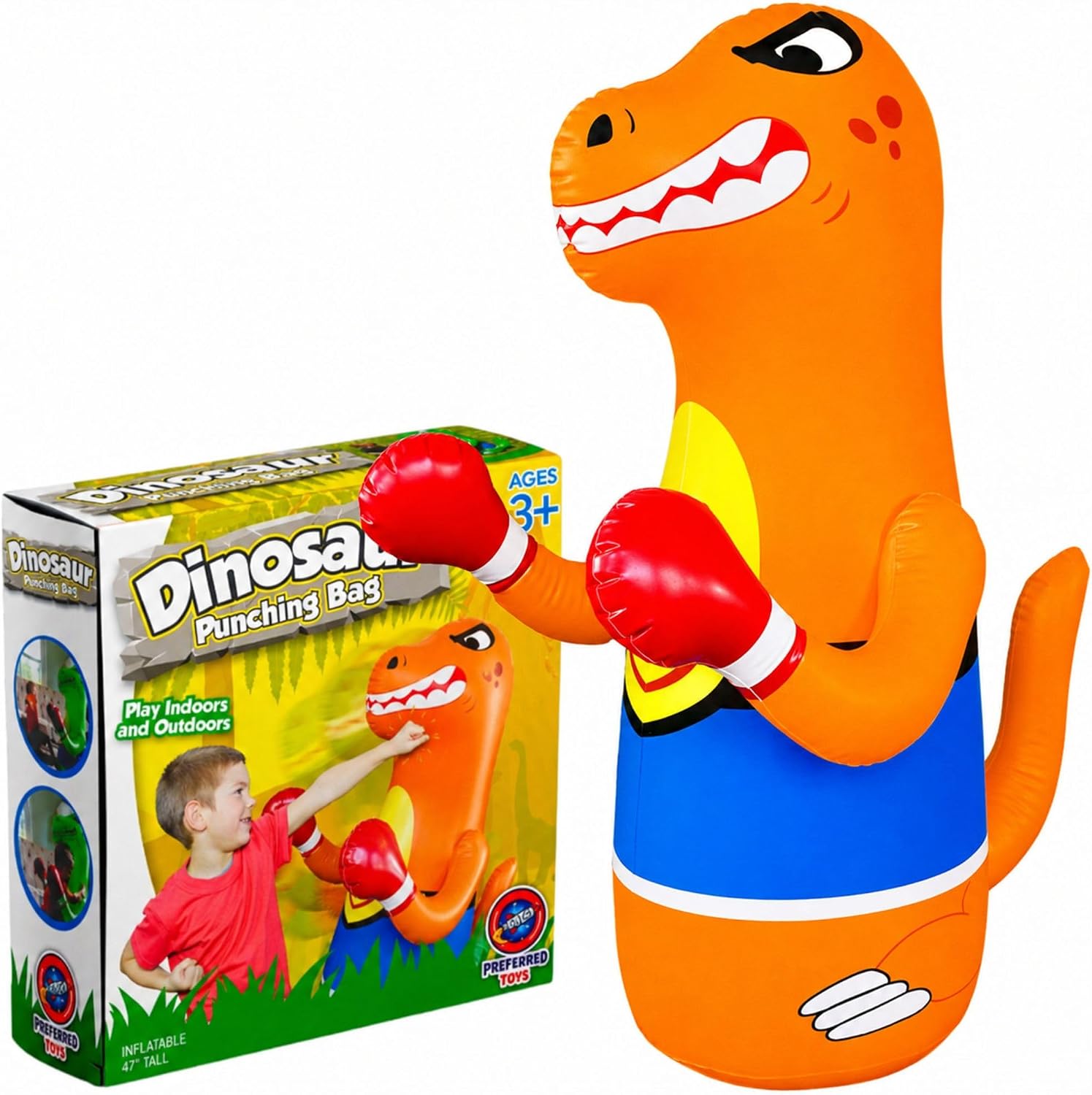 Preferred Toys 47" Inflatable Dinosaur Punching Bag for Kids - Durable Blow Up Kids Punching Bag with Bounce Back Base - Inflatable Indoor Outdoor Active Toddler Bop Play Toy