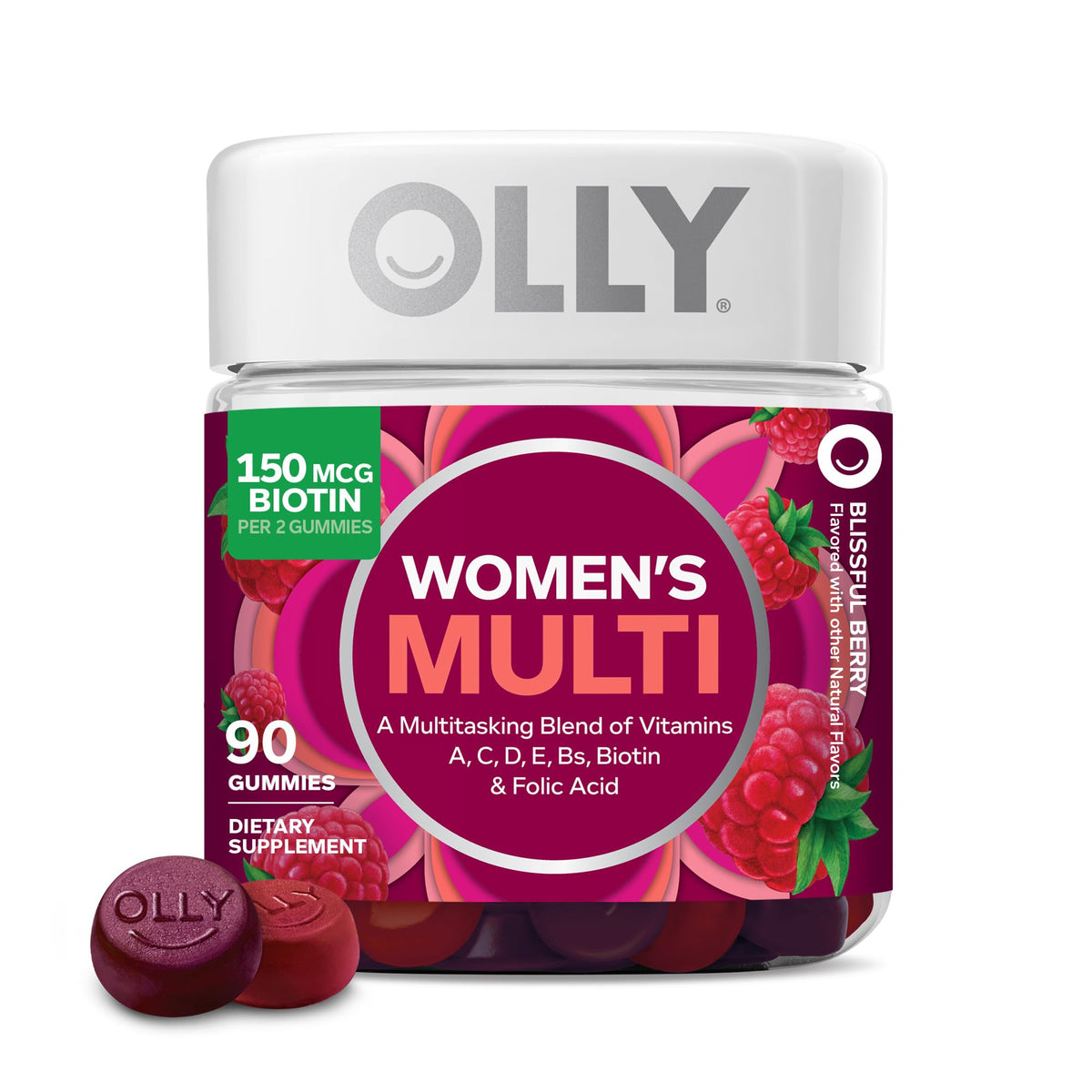 OLLY Women's Multivitamin Gummy, Women's Overall Wellness,* Vitamins A, C, D, E, Biotin, Folic Acid, Adult Chewable Supplement, Berry Flavored, 45 Day Supply - 90 Count