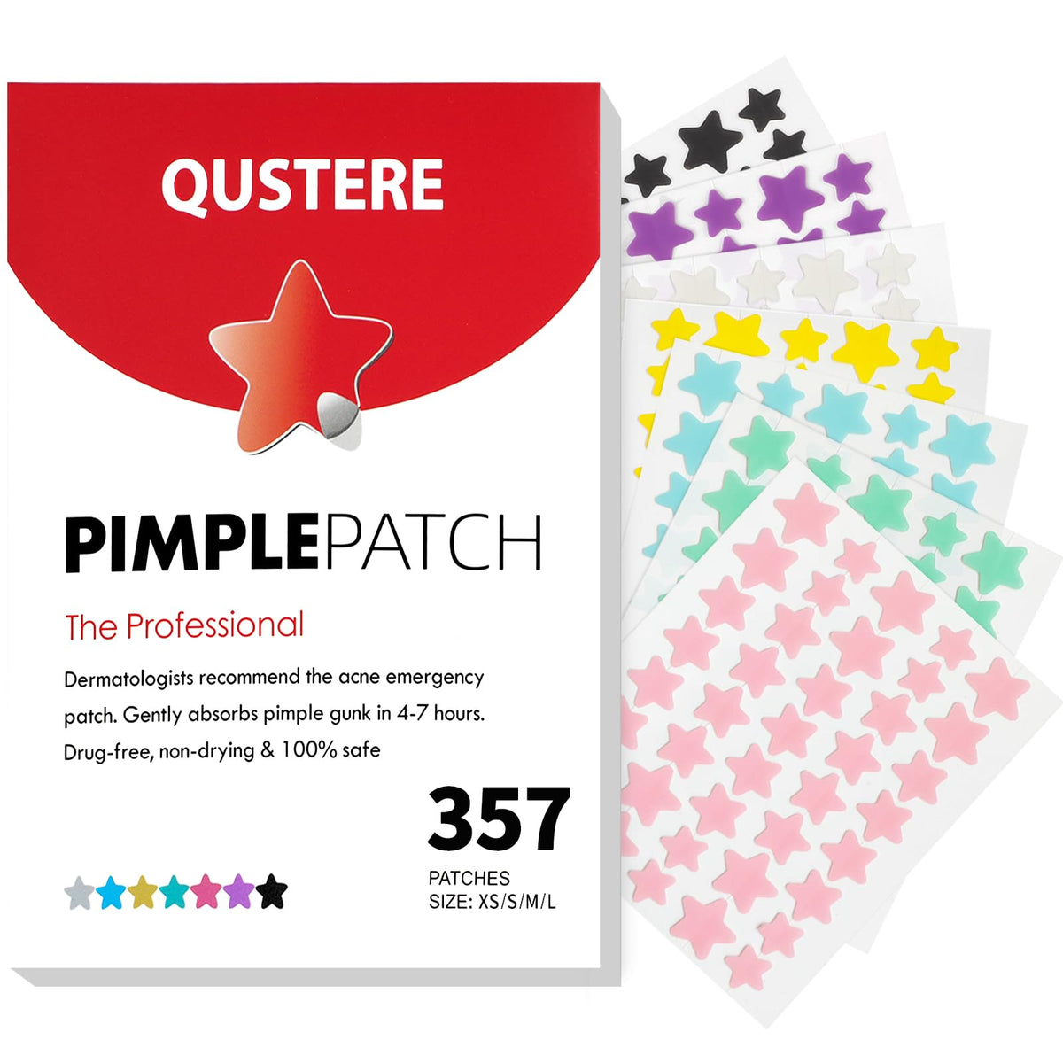 QUSTERE Pimple Patches for Face, Colorful Hydrocolloid Acne Patches, Cute Star Zit Covers for Face, Spot Stickers with Tea Tree, Salicylic Acid & Cica Oil| 4 Sizes (8mm, 10mm, 12mm & 14mm) |357 Count
