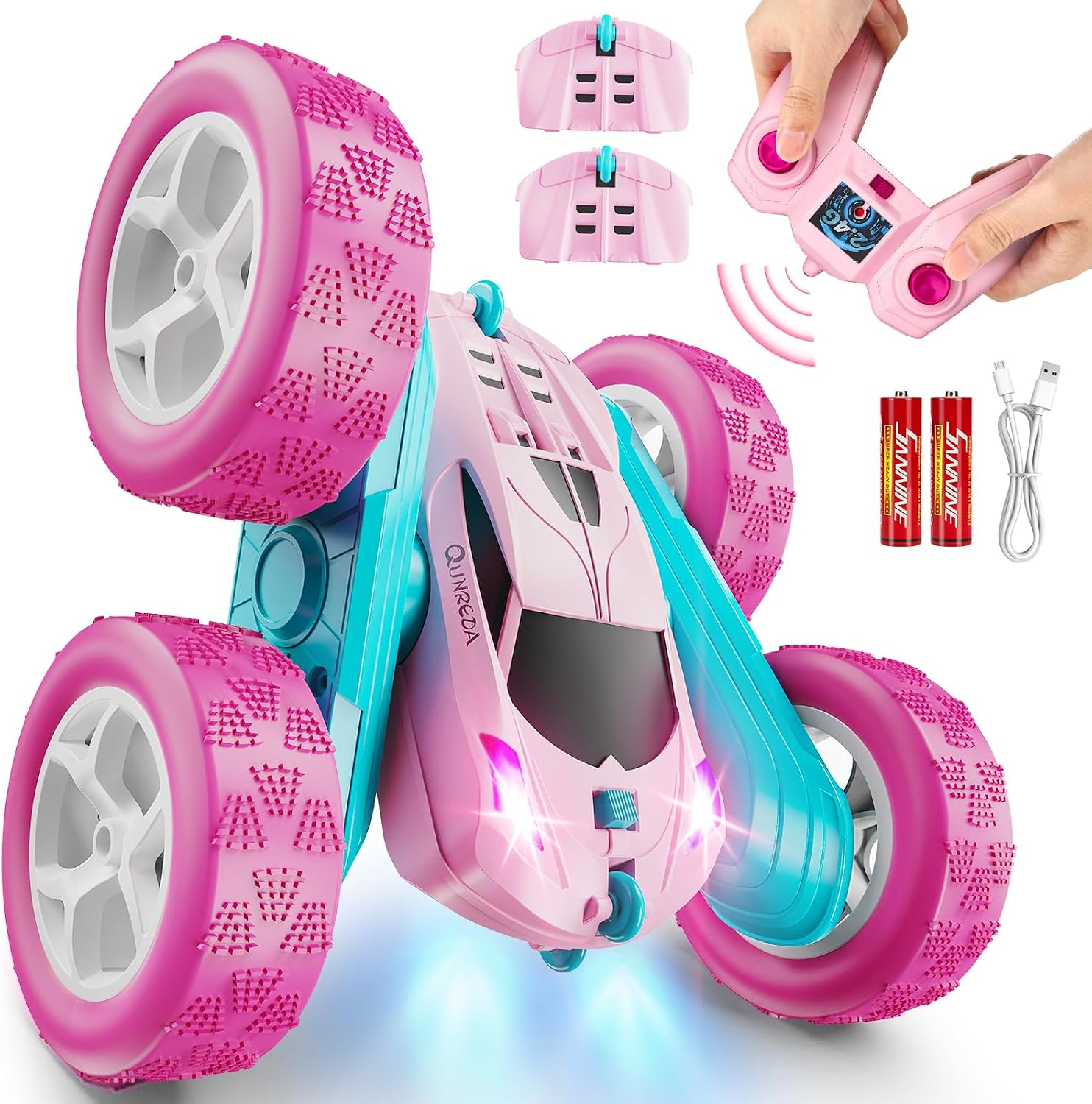 QUNREDA Remote Control Car, RC Cars Toys for Kids Ages 6-12, 4WD Stunt Car with LED Lights & 360° Flips, 2.4GHz, Upgraded USB-C Modular Batteries, 8-10 Year Old Boys Birthday Gift 1-Blue