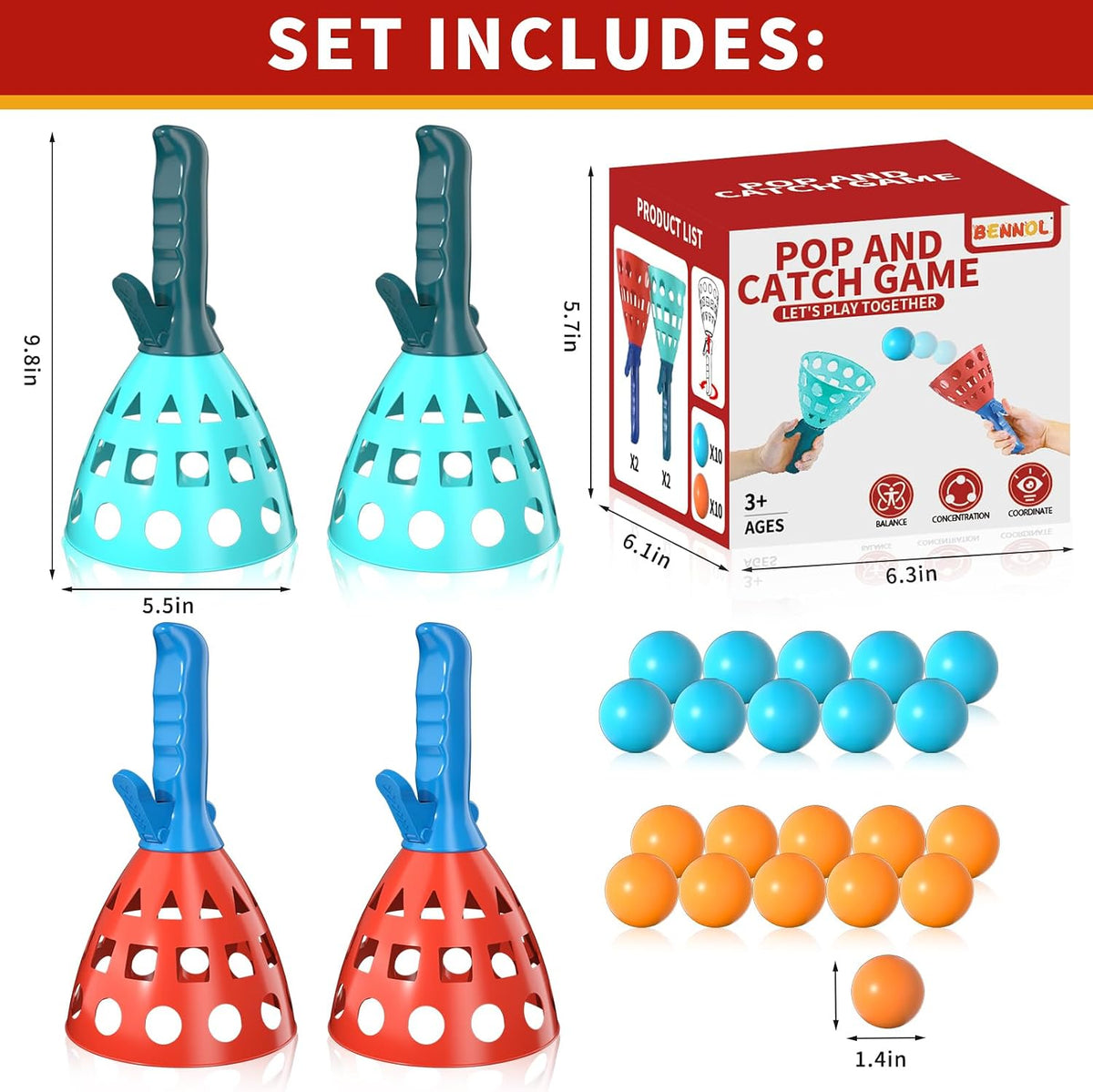 Bennol Outdoor Game Toys for Kids Boys with 20 Balls Pop Pass Catch Ball Game Outside Toys Gifts for 3 4 5 6 7 8 9 10 11 12 Year Old Teens, Outside Outdoor Play Gifts for Kids Boys Ages 3-5 4-8 8-12