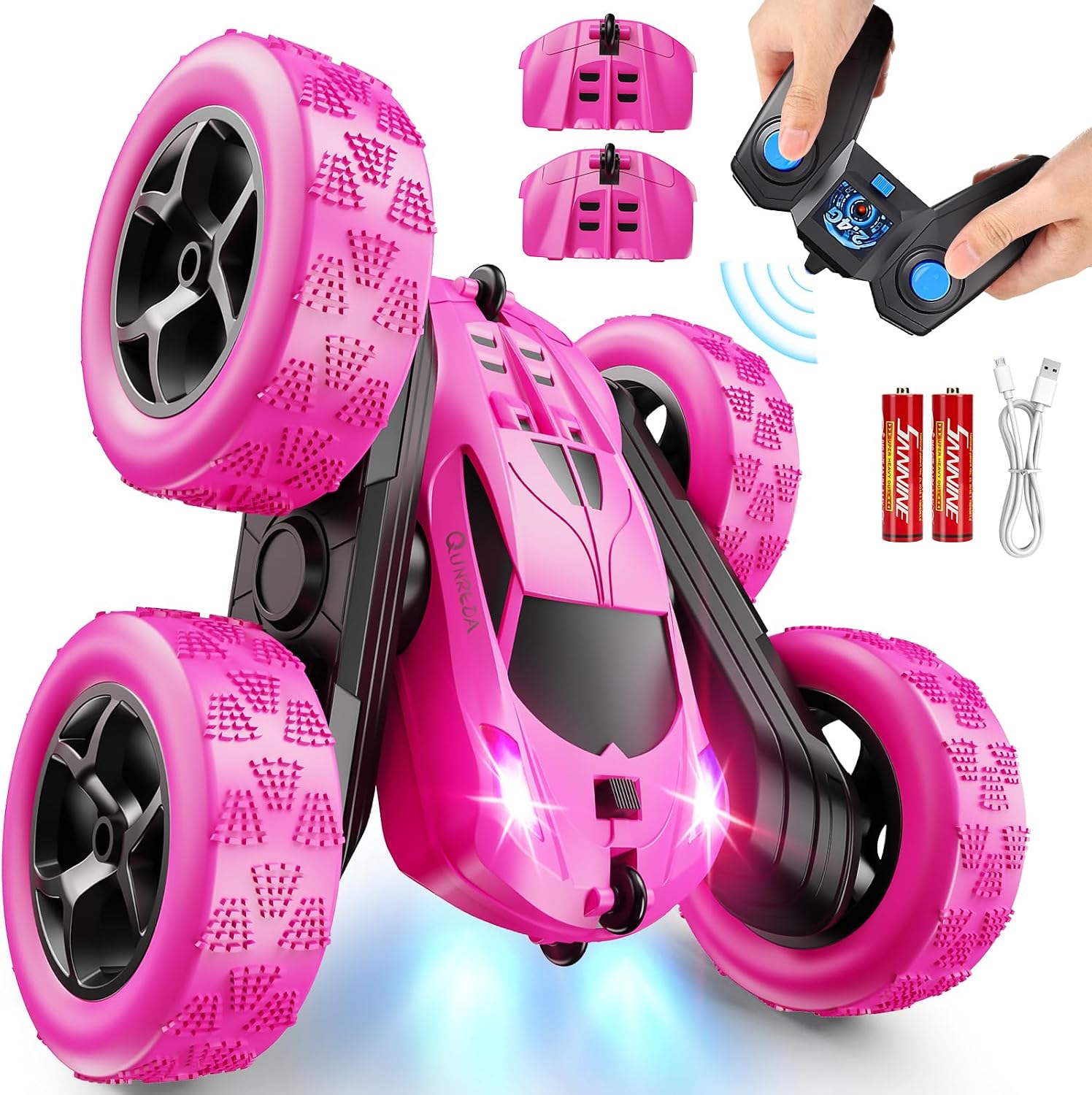 QUNREDA Remote Control Car, RC Cars Toys for Kids Ages 6-12, 4WD Stunt Car with LED Lights & 360° Flips, 2.4GHz, Upgraded USB-C Modular Batteries, 8-10 Year Old Boys Birthday Gift 1-Blue