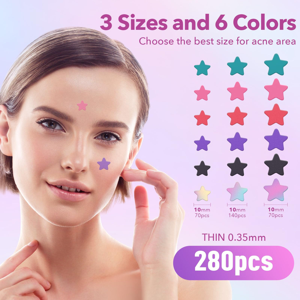 QUSTERE Pimple Patches for Face, Hydrocolloid Acne Patches, Cute Star Zit Covers for Face, Colorful Spot Stickers with Tea Tree, Salicylic Acid & Cica Oil| 3 Sizes (10mm, 12mm & 14mm) |280 Count