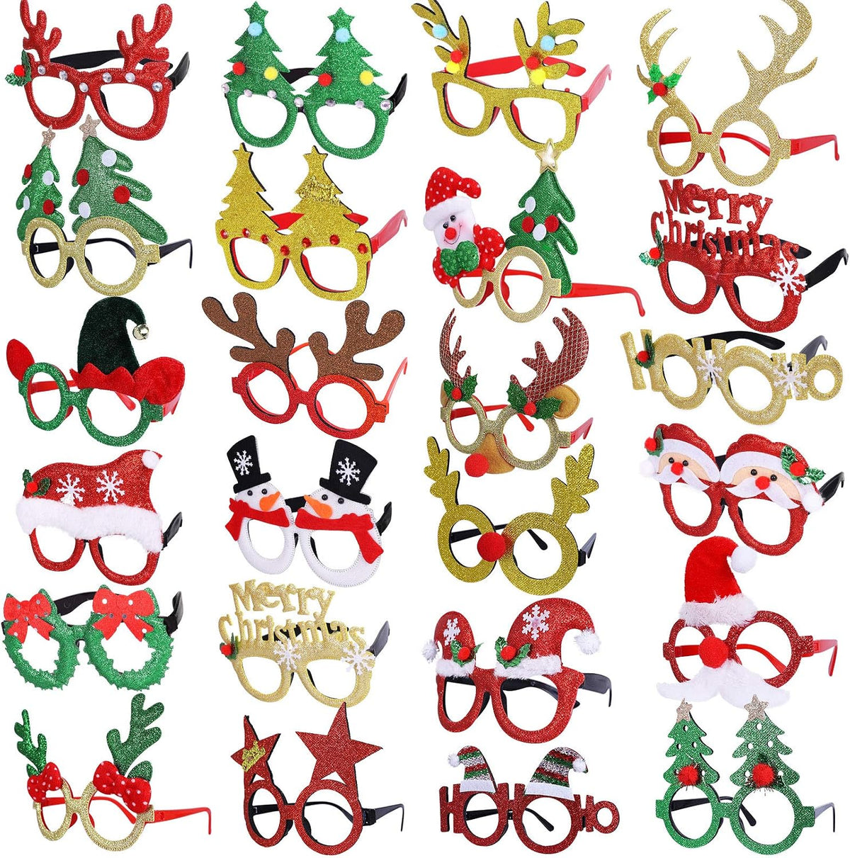 Max Fun 24pcs Christmas Glitter Party Glasses Frames with 24 Designs Decorations Accessories for Christmas Party Favors Holiday Favors (One Size Fits All)