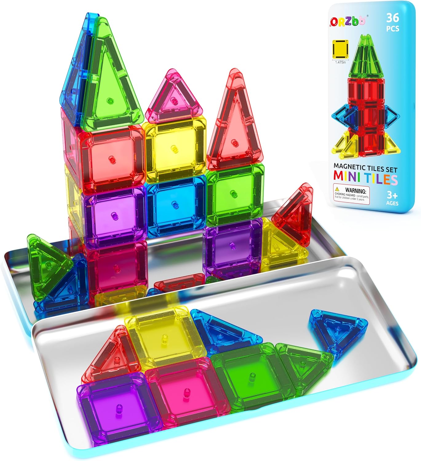 ORZbb Mini Magnetic Tiles Travel Essentials Set with Case, Magnetic Blocks Building Montessori Educational Learning Sensory Preschool Toys for 3+ Year Old Boys Girls Birthday Gifts