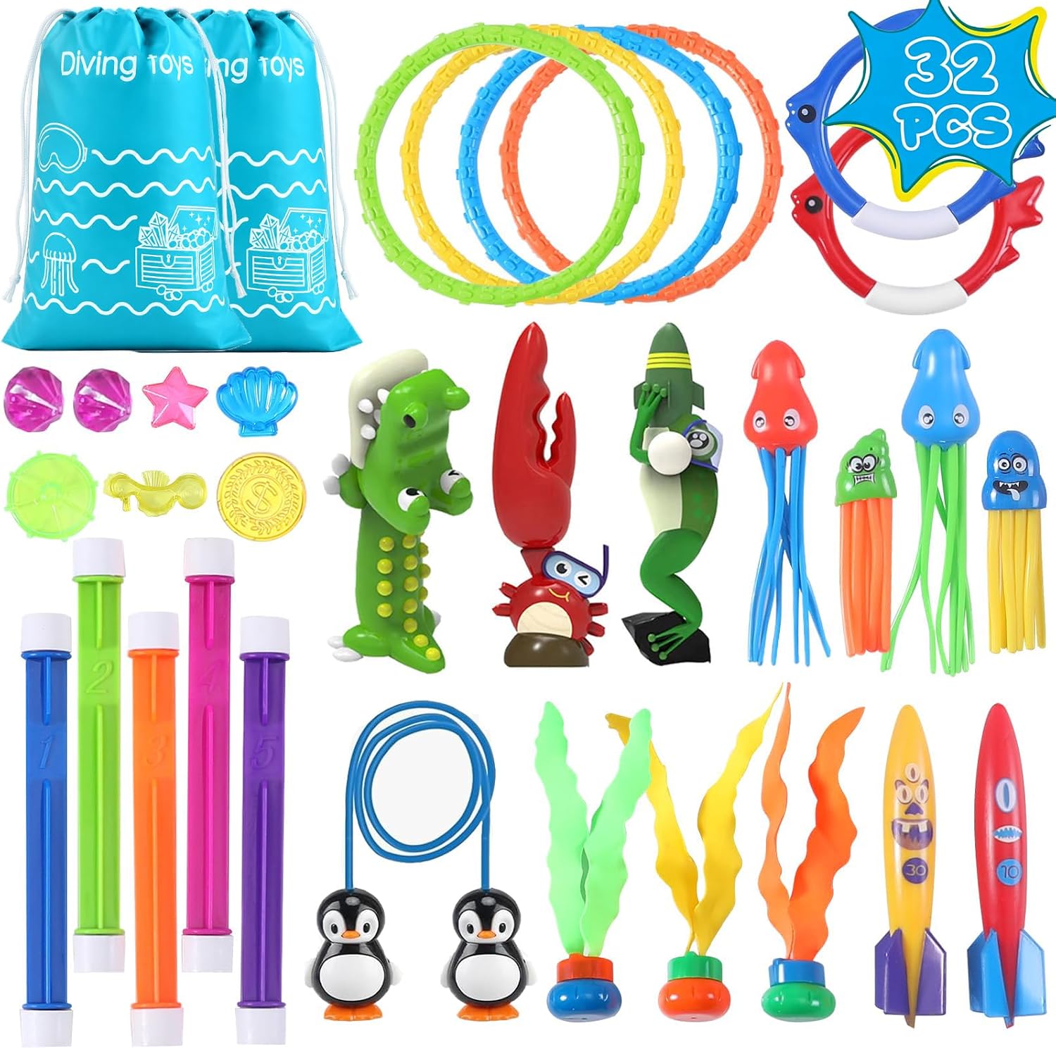 20Pcs Summer Pool Diving Swimming Toys for Kids Ages 3-12, Fun Swim Games Sinking Set, Underwater Dive Gifts with Storage Bag Include Torpedo Gems Shark Rings Sea Animals for Boys Girls