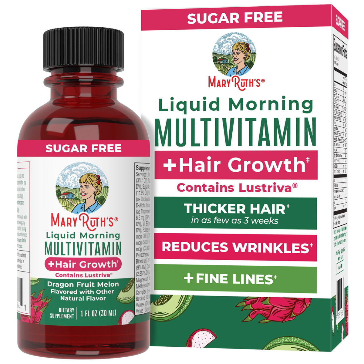 MARYRUTH'S Liquid Multivitamin + Hair Growth Travel Pack | Biotin 10000mcg | Lustriva Hair Growth Supplement | Clinically Tested in Women for Thicker Hair & Facial Wrinkle | 18+ | 1 Fl Oz (Pack of 8)