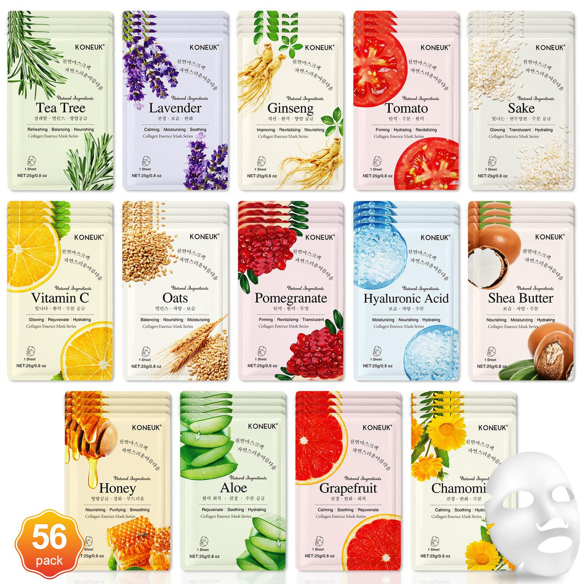KONEUK 56 Pack Sheet Face Masks Skincare for Women, Hydrating Face Masks Suitable for Most Skin Types, Bulk Facial Mask Gifts Set for Skin Care, Home Skincare Spa Favors