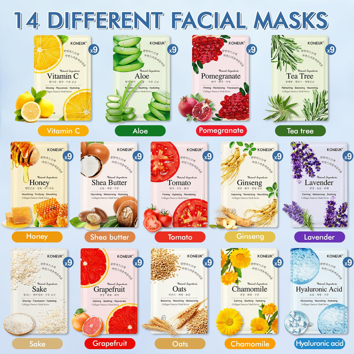 KONEUK 126 Pack Sheet Face Masks Skincare, Bulk Facial Mask Gifts Set for Women Skin Care, Hydrating Face Masks Suitable for All Skin Types, Face Mask Spa for Sensitive Skin