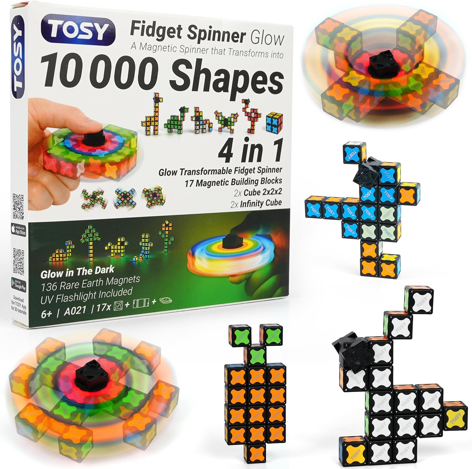 TOSY Magnet Fidget Spinner Glow - 16 Blocks, 3 in 1 Toy: Transformable Fidget Spinner, Infinity Cube, 2x2 Puzzle Cube, Glow, STEM/STEAM Magnet Tiles Birthday Gift for Kids/Boys/Girls/Adults, 2-Pack
