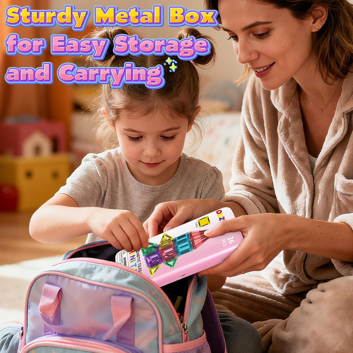 ORZbb Mini Magnetic Tiles Travel Essentials Set with Case, Magnetic Blocks Building Montessori Educational Learning Sensory Preschool Toys for 3+ Year Old Boys Girls Birthday Gifts