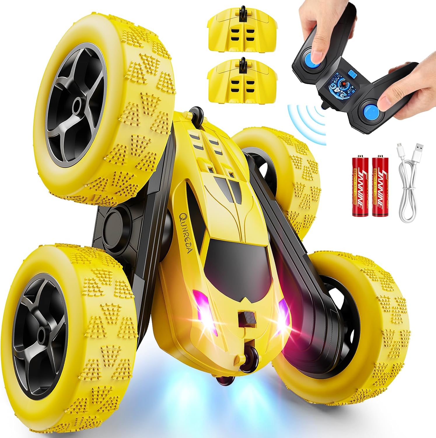 QUNREDA Remote Control Car, RC Cars Toys for Kids Ages 6-12, 4WD Stunt Car with LED Lights & 360° Flips, 2.4GHz, Upgraded USB-C Modular Batteries, 8-10 Year Old Boys Birthday Gift 1-Blue
