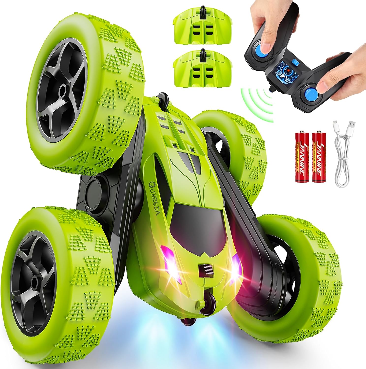 QUNREDA Remote Control Car, RC Cars Toys for Kids Ages 6-12, 4WD Stunt Car with LED Lights & 360° Flips, 2.4GHz, Upgraded USB-C Modular Batteries, 8-10 Year Old Boys Birthday Gift 1-Blue