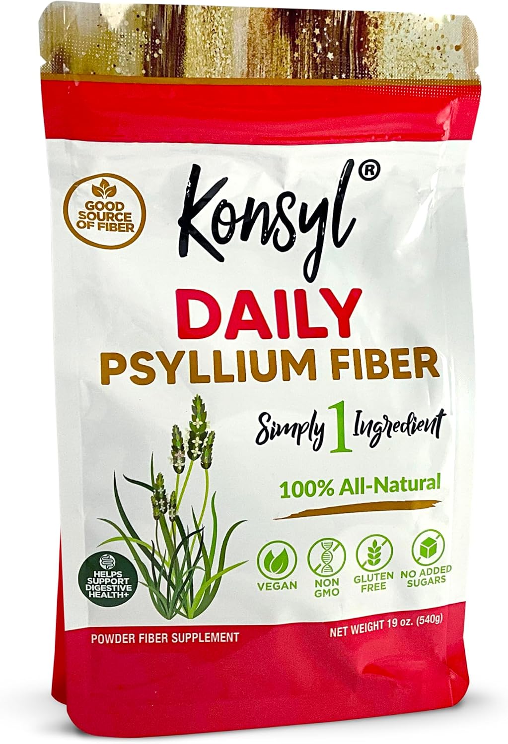 Konsyl Daily Psyllium Fiber Powder - 19oz, 90 Servings, Natural Unflavored Soluble Dietary Fiber Supplement - Psyllium Husk Prebiotic for Digestive Support and Gut Health - Sugar Free, Keto & Vegan