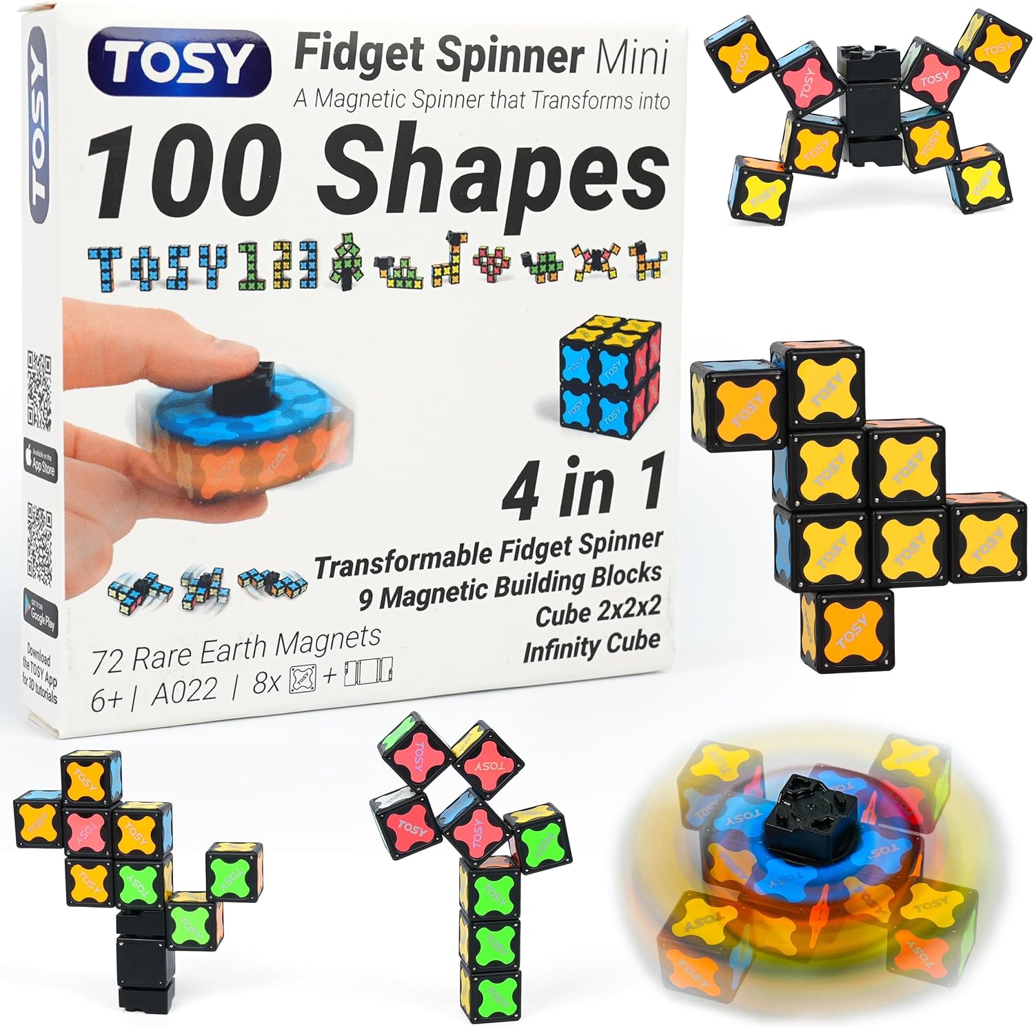 TOSY Magnet Fidget Spinner Glow - 16 Blocks, 3 in 1 Toy: Transformable Fidget Spinner, Infinity Cube, 2x2 Puzzle Cube, Glow, STEM/STEAM Magnet Tiles Birthday Gift for Kids/Boys/Girls/Adults, 2-Pack