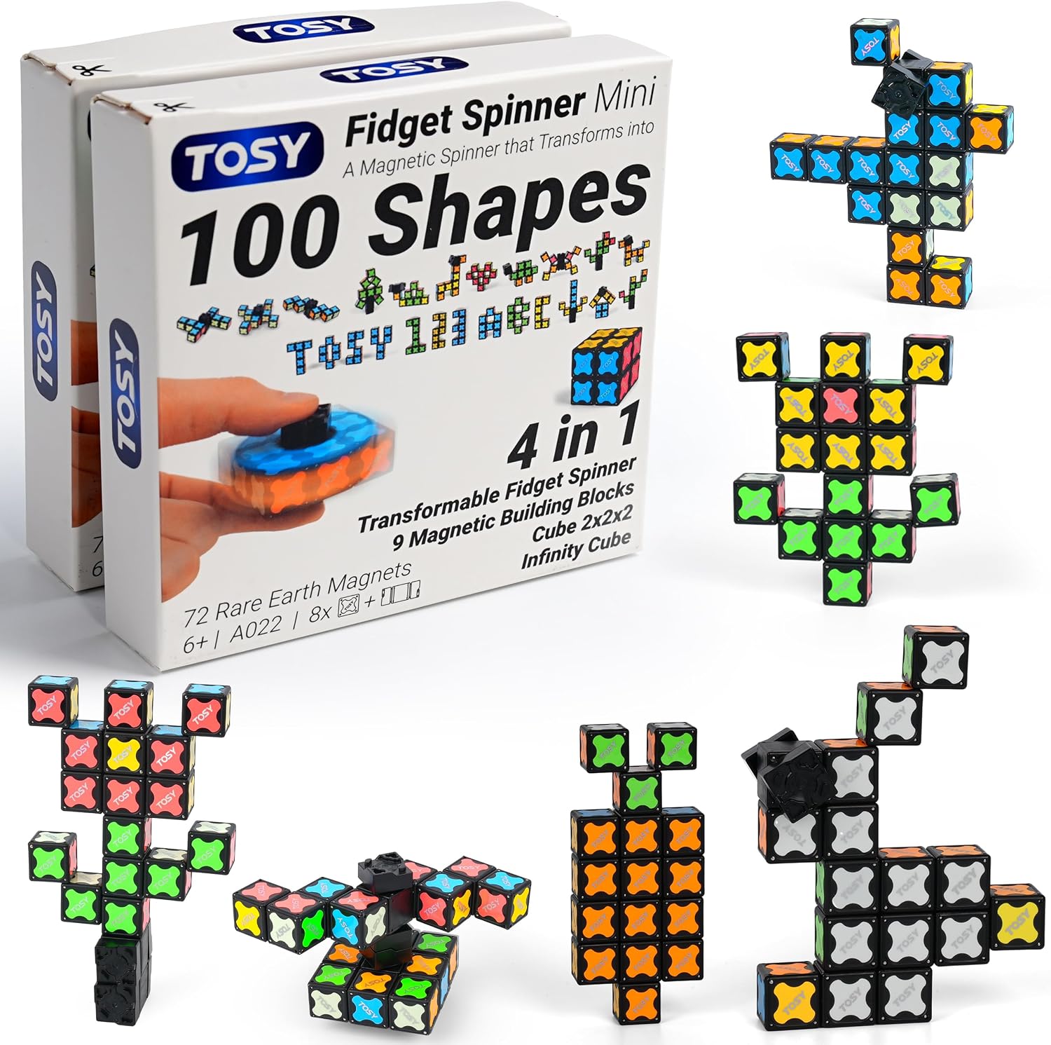 TOSY Magnet Fidget Spinner Glow - 16 Blocks, 3 in 1 Toy: Transformable Fidget Spinner, Infinity Cube, 2x2 Puzzle Cube, Glow, STEM/STEAM Magnet Tiles Birthday Gift for Kids/Boys/Girls/Adults, 2-Pack