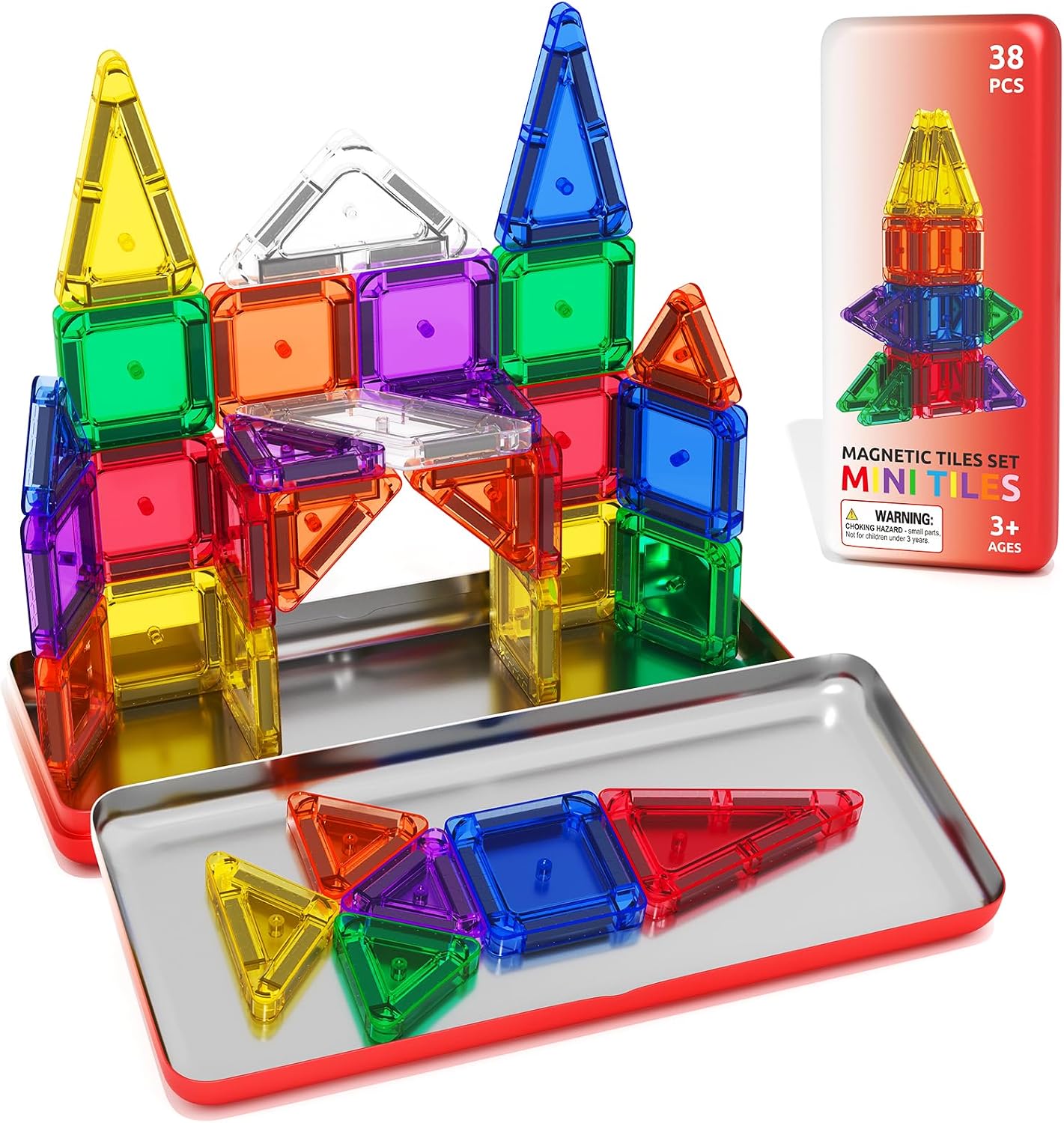 ORZbb Mini Magnetic Tiles Travel Essentials Set with Case, Magnetic Blocks Building Montessori Educational Learning Sensory Preschool Toys for 3+ Year Old Boys Girls Birthday Gifts