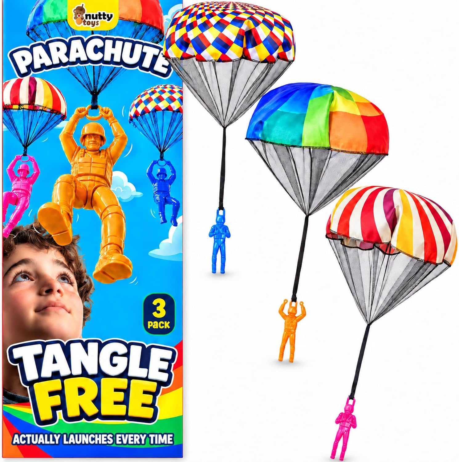 NUTTY TOYS Parachute Toys for Kids - Tangle Free Outdoor Flying Parachute Men, Top Indoor & Outside, 3 4 5 6 7 8 9 10 11 12 Year Old, Best Christmas Stocking Stuffers Idea 2026 Unique Boy & Girl Gifts
