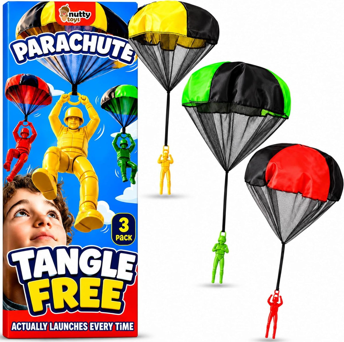 NUTTY TOYS Parachute Toys for Kids - Tangle Free Outdoor Flying Parachute Men, Top Indoor & Outside, 3 4 5 6 7 8 9 10 11 12 Year Old, Best Christmas Stocking Stuffers Idea 2026 Unique Boy & Girl Gifts
