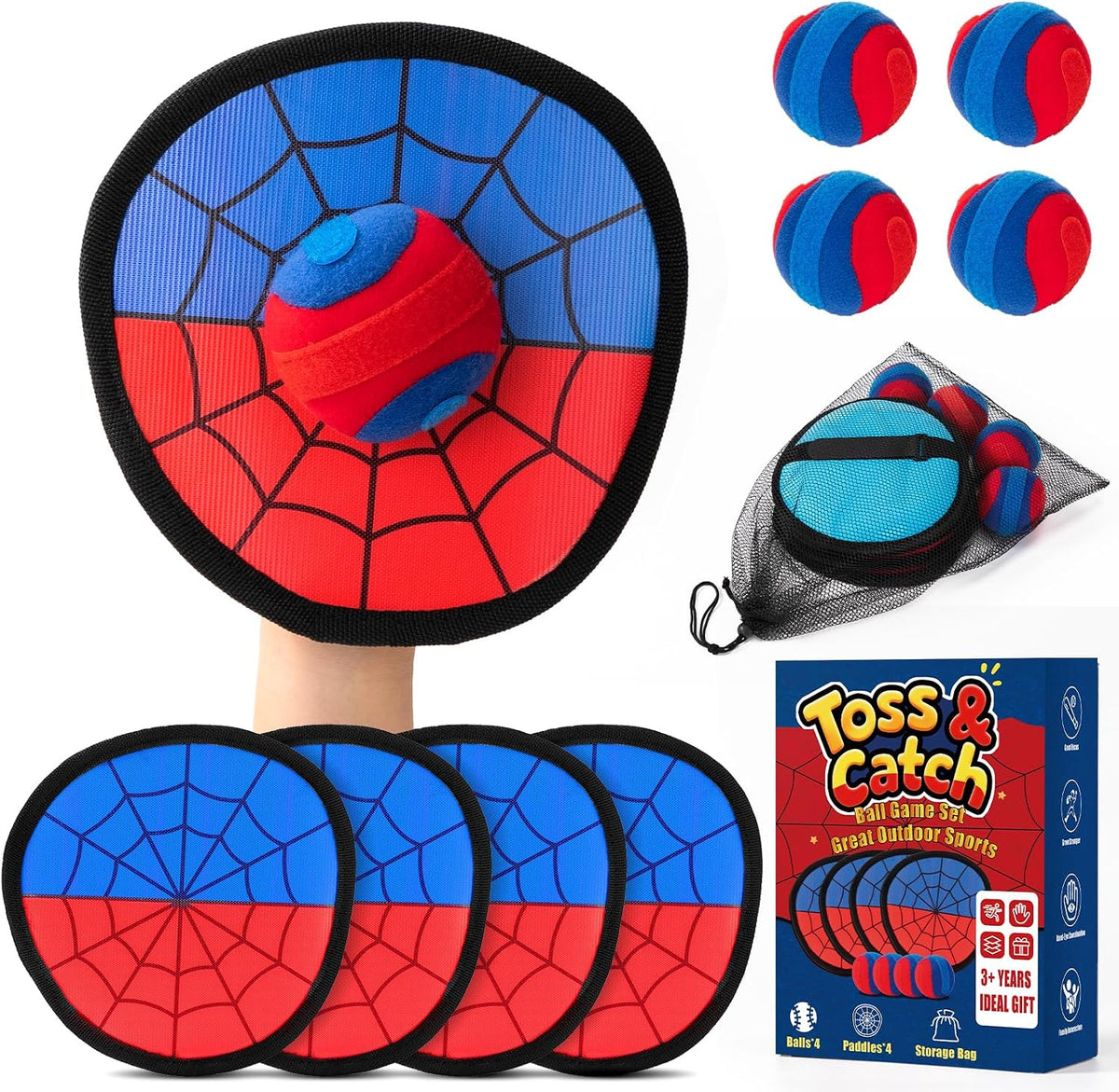 Spider Toss and Catch Ball Game - Beginner Baseball Training Glove & Sticky Catch Balls Kids Toy - Family Game for Outdoor Beach Yard Pool - Birthday Gift for 3 4 5 6 7 8 9 10 + Year Old Boys Girls