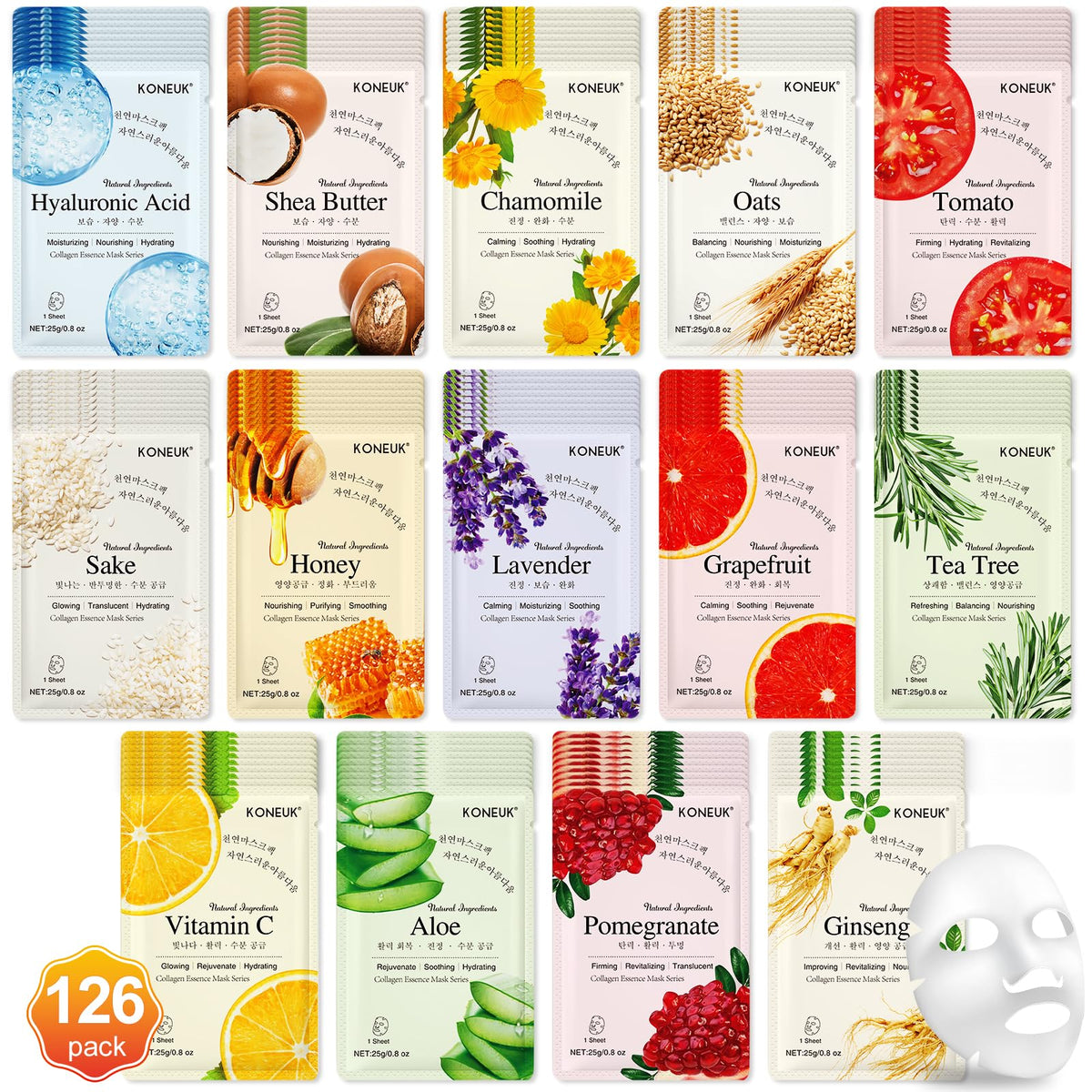 KONEUK 126 Pack Sheet Face Masks Skincare, Bulk Facial Mask Gifts Set for Women Skin Care, Hydrating Face Masks Suitable for All Skin Types, Face Mask Spa for Sensitive Skin