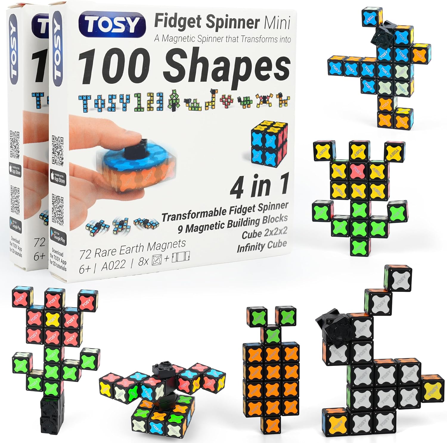 TOSY Magnet Fidget Spinner Glow - 16 Blocks, 3 in 1 Toy: Transformable Fidget Spinner, Infinity Cube, 2x2 Puzzle Cube, Glow, STEM/STEAM Magnet Tiles Birthday Gift for Kids/Boys/Girls/Adults, 2-Pack