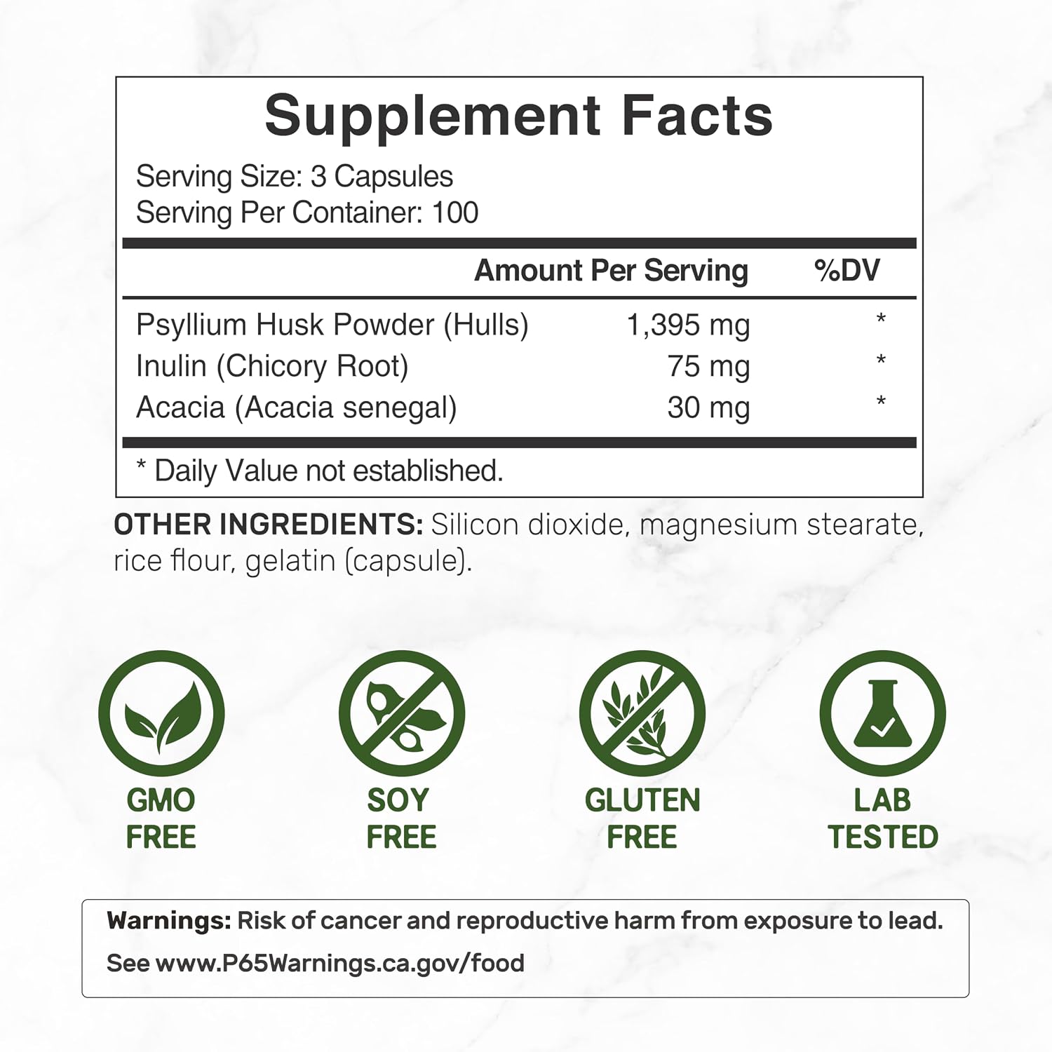 Psyllium Husk 1500mg Per Serving, 300 Capsules – 3 in 1 Fiber Supplement with Inulin & Acacia Complex – Natural Soluble Fiber, Supports Digestive Health* – Plant Based, Non-GMO