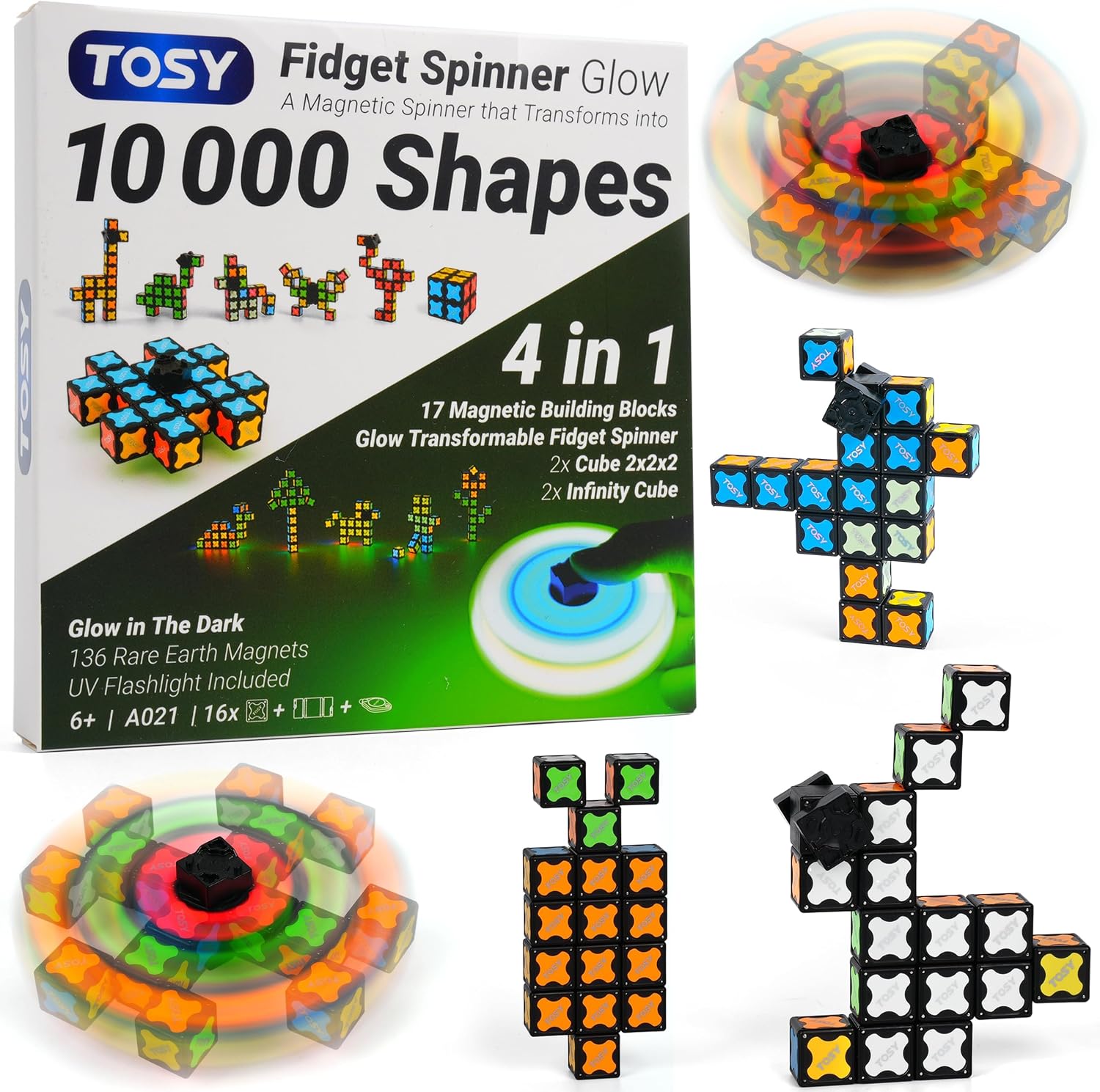 TOSY Magnet Fidget Spinner Glow - 16 Blocks, 3 in 1 Toy: Transformable Fidget Spinner, Infinity Cube, 2x2 Puzzle Cube, Glow, STEM/STEAM Magnet Tiles Birthday Gift for Kids/Boys/Girls/Adults, 2-Pack