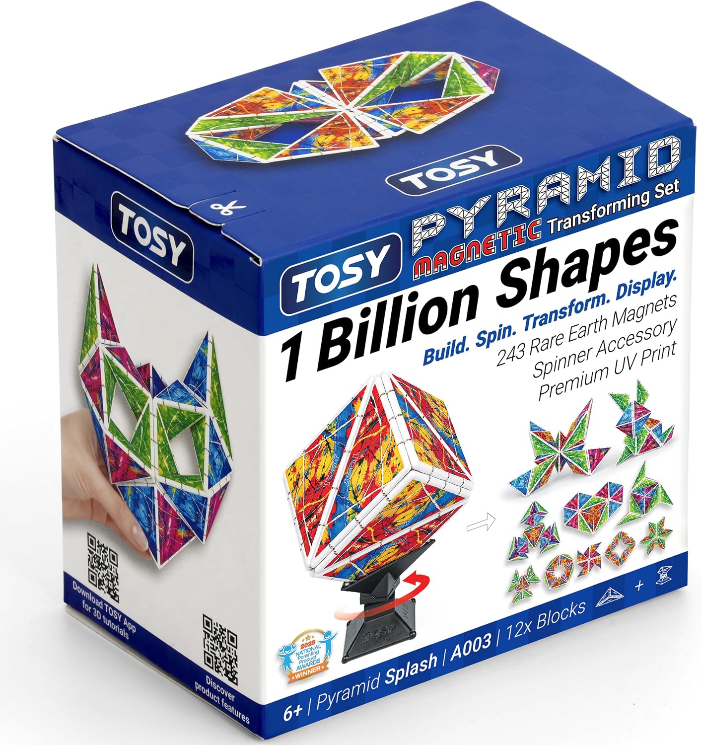 TOSY Magnet Pyramid Stone - 1 Cube Transforms into 1 Billion Shapes, 12 Pieces, 243 Rare Earth Magnets, Holographic Design Magnet Tiles Creative Puzzle STEM/STEAM Toy