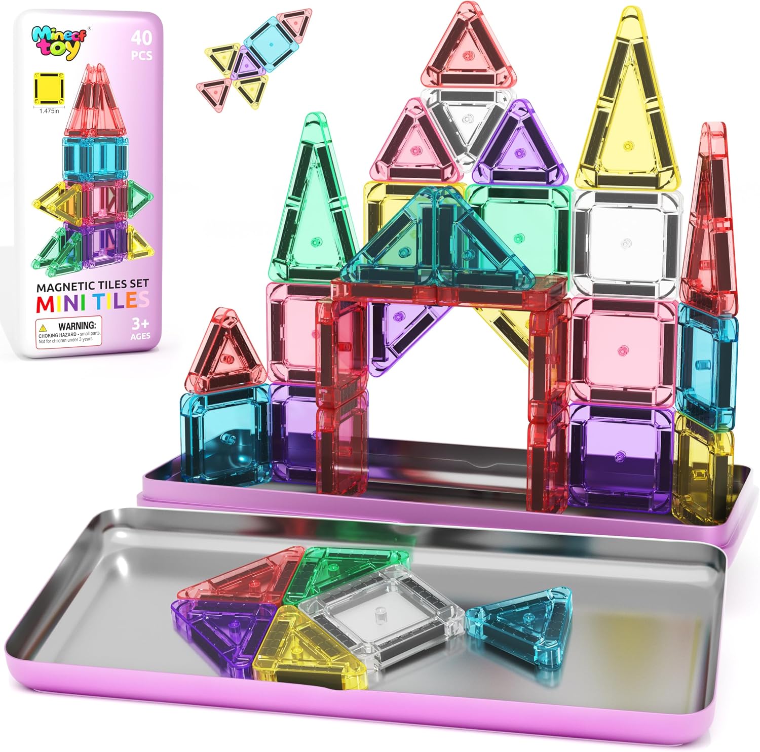 40PCS Mini Magnetic Tiles Toddler Travel Essentials Toys with Case Set, Magnetic Building Blocks Kids Games, Montessori Preschool Education Sensory Toys for 3 4 5 Year Old Boys Girls Birthday Gifts