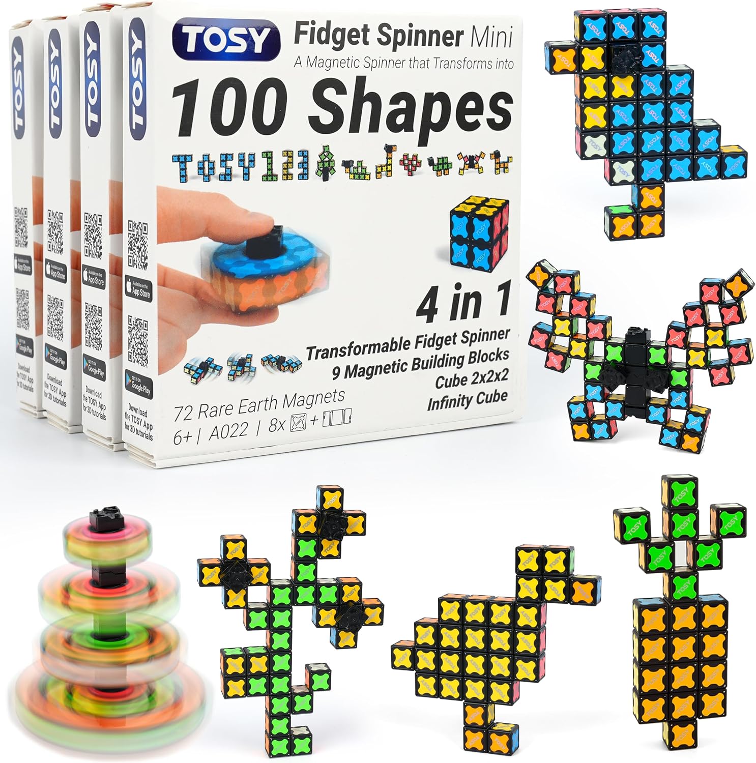 TOSY Magnet Fidget Spinner Glow - 16 Blocks, 3 in 1 Toy: Transformable Fidget Spinner, Infinity Cube, 2x2 Puzzle Cube, Glow, STEM/STEAM Magnet Tiles Birthday Gift for Kids/Boys/Girls/Adults, 2-Pack