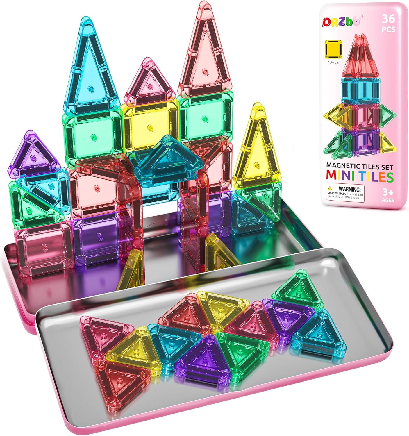 ORZbb Mini Magnetic Tiles Travel Essentials Set with Case, Magnetic Blocks Building Montessori Educational Learning Sensory Preschool Toys for 3+ Year Old Boys Girls Birthday Gifts