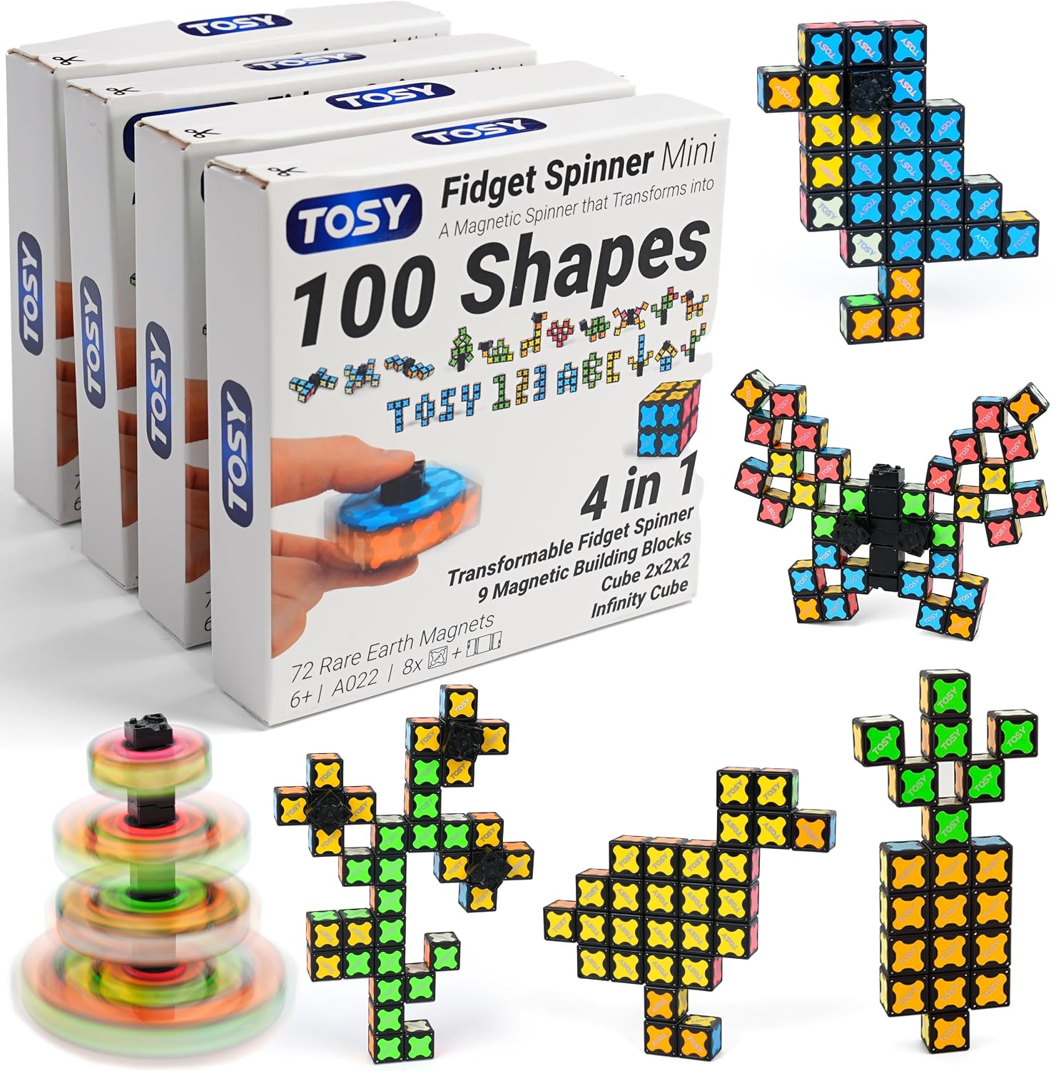 TOSY Magnet Fidget Spinner Glow - 16 Blocks, 3 in 1 Toy: Transformable Fidget Spinner, Infinity Cube, 2x2 Puzzle Cube, Glow, STEM/STEAM Magnet Tiles Birthday Gift for Kids/Boys/Girls/Adults, 2-Pack