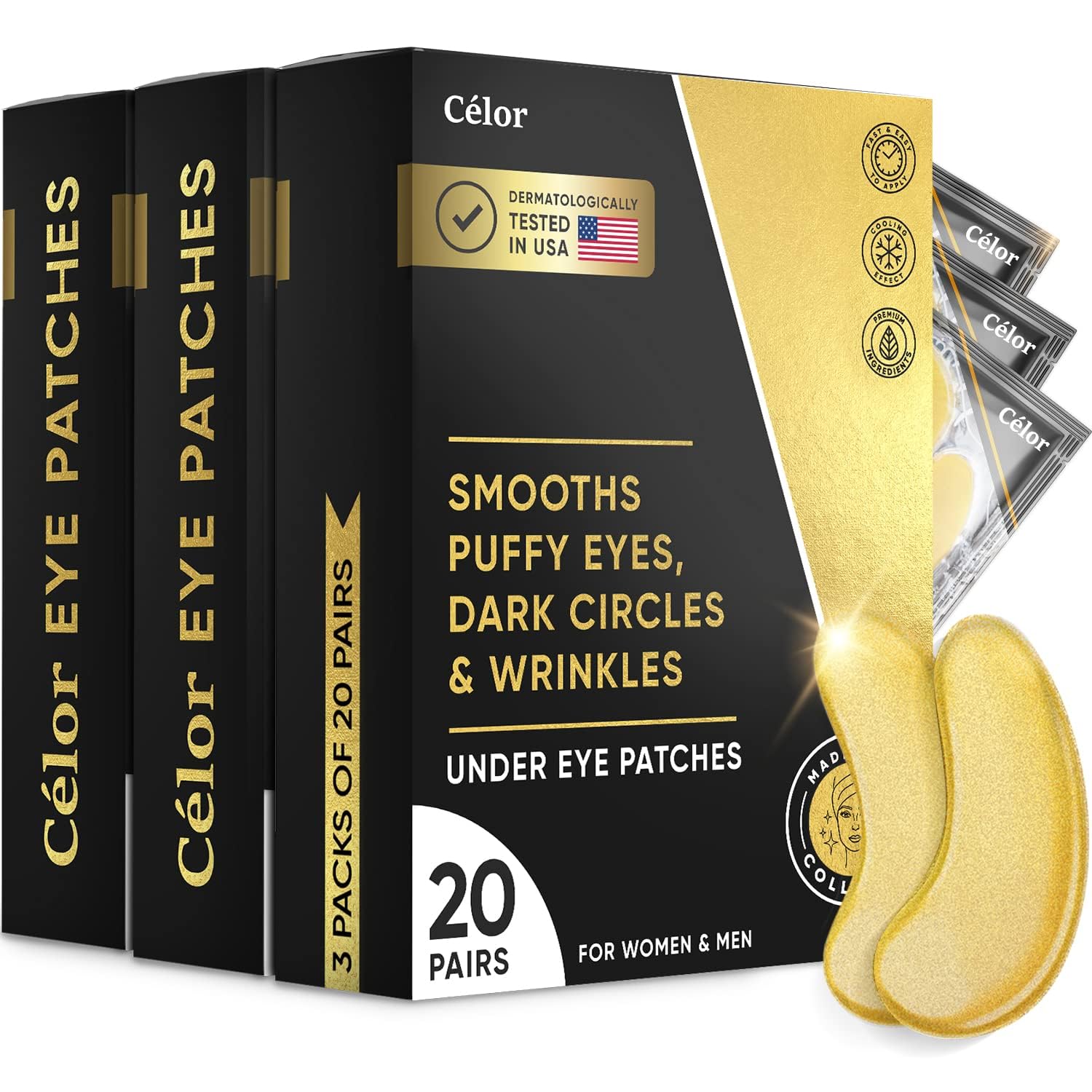 A jar of Celor Under Eye Patches containing 60 pairs of gold-infused collagen eye masks.