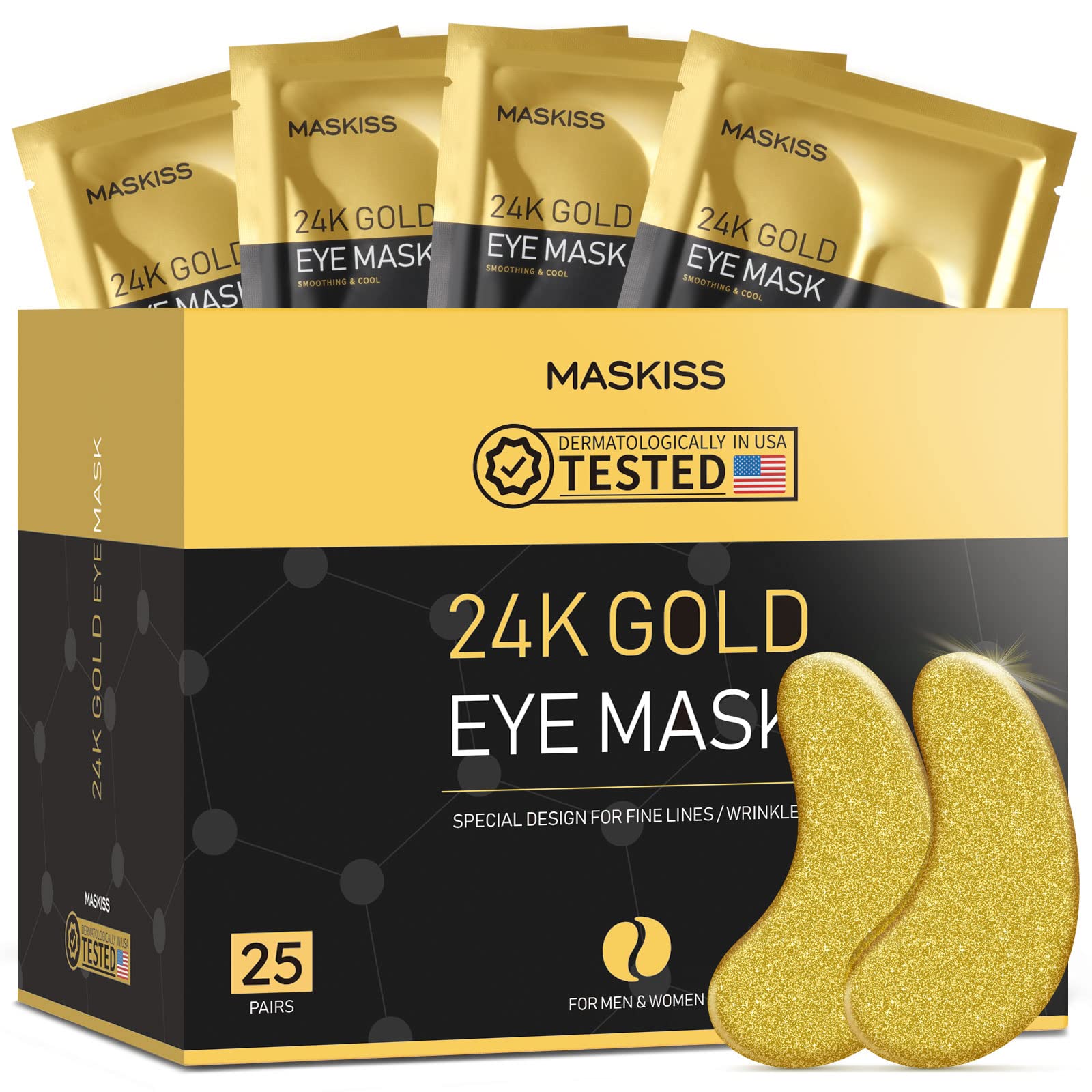 Maskiss 24k Gold Under Eye Patches Box - 25 Pairs of Collagen Eye Masks for Brightening and De-puffing