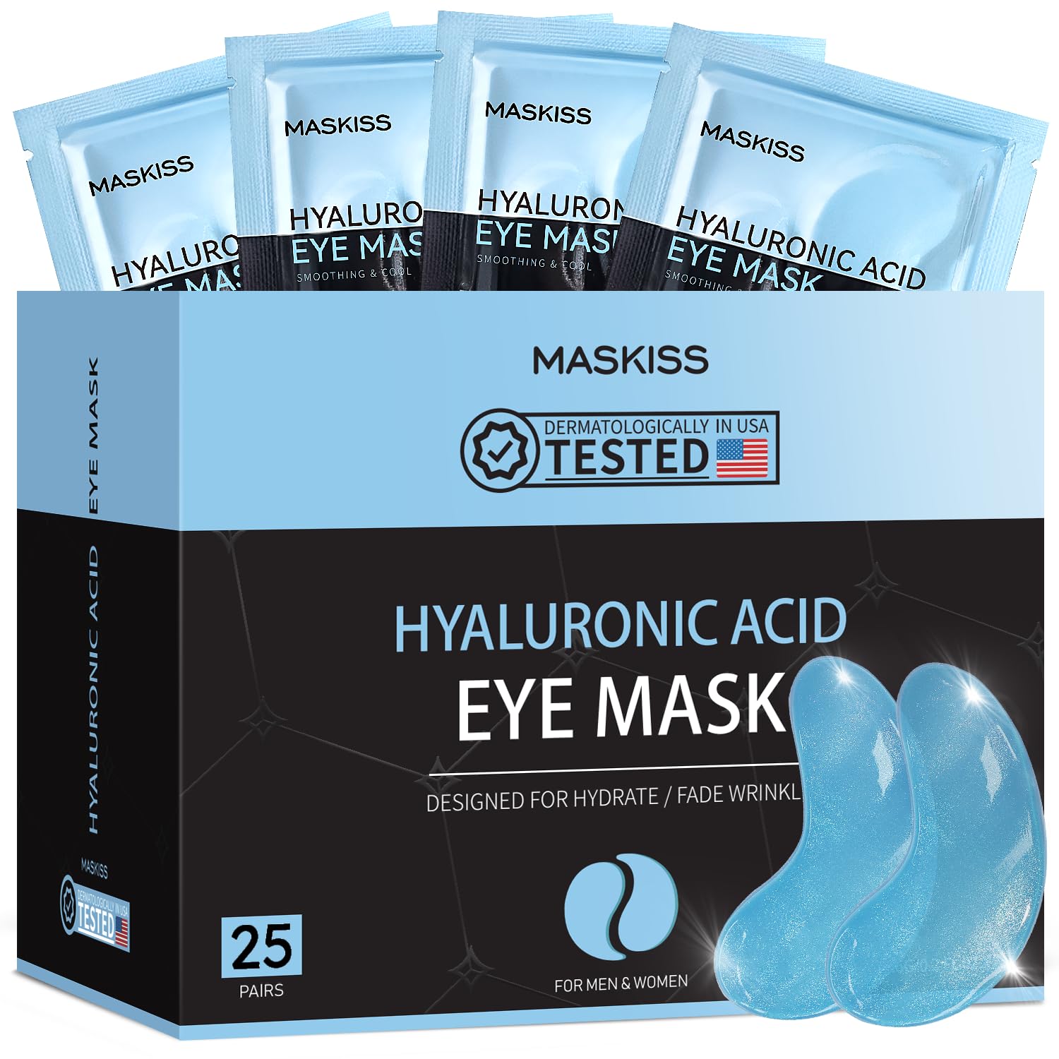 Maskiss Hyaluronic Acid Under Eye Patches Box - 25 Pairs of Blue Hydrating Collagen Eye Masks