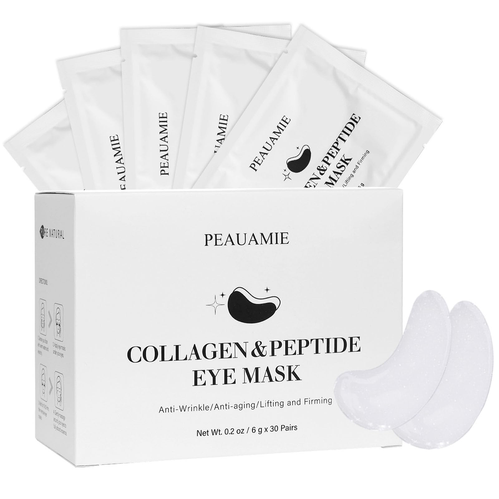Box of PEAUAMIE 30 Pairs Collagen and Peptide Under Eye Patches for dark circles and puffiness.